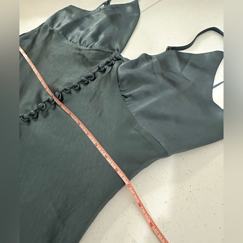 Dress Forum Gray Blue Satin Maxi Dress Silk spaghetti straps zip up faux button - Picture 14 of 16